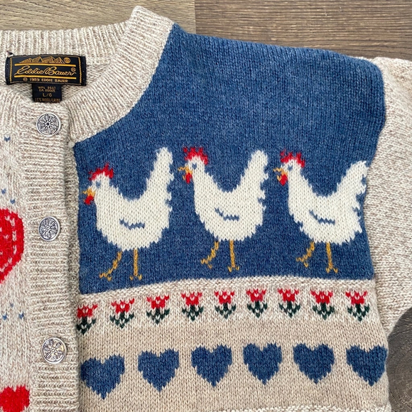 Eddie Bauer Vintage Country Wool Cardigan Sweater Size L Hearts Geese Apples - Picture 8 of 16